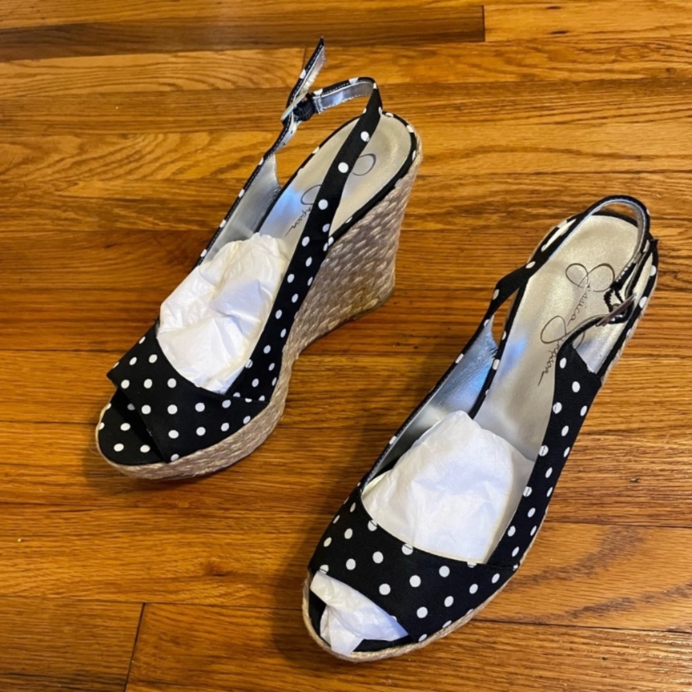 Jessica Simpson Black and White Polka Dot Wedges